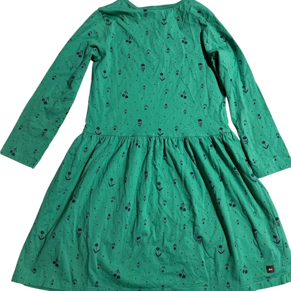 Tea Collection Girls Green Long Sleeve Floral‎ Cotton Play Dress Size 10